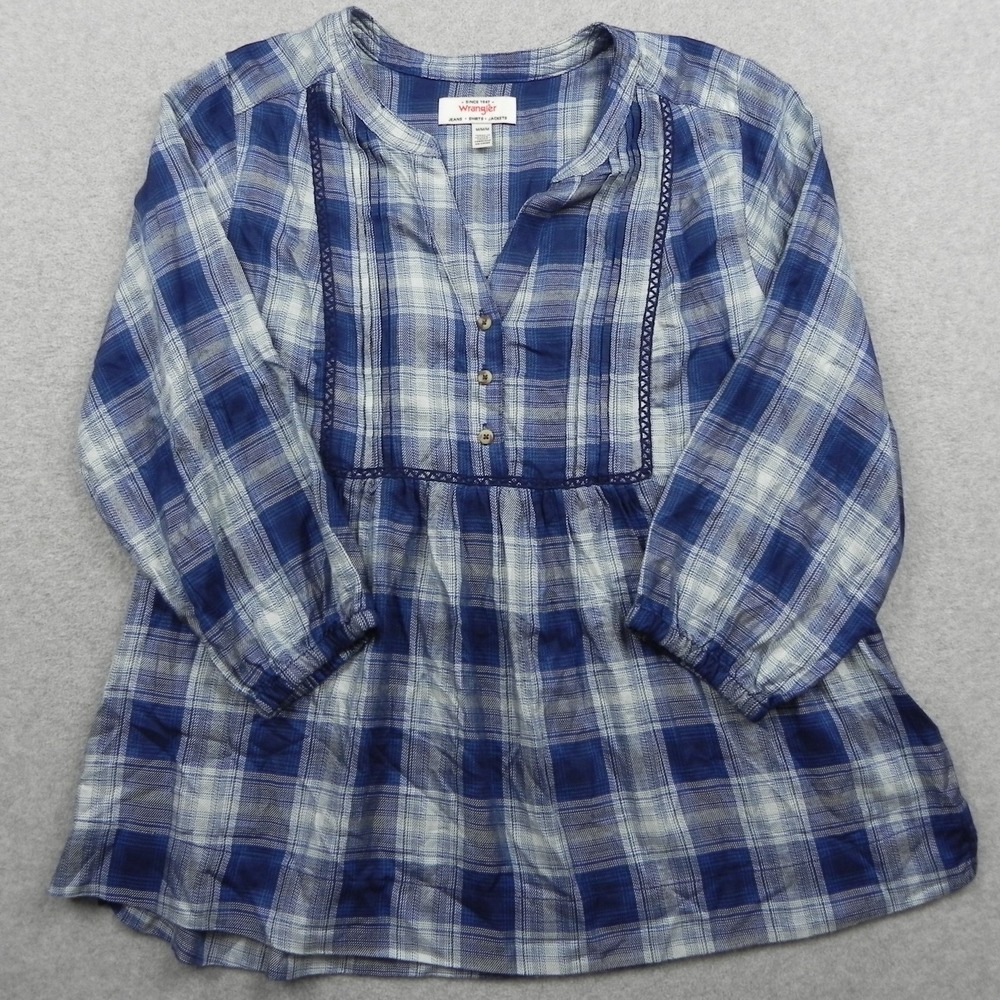 Wrangler Top Womens Medium Babydoll Peasant Blouse V-Neck Blue Plaid 3/4 Sleeve